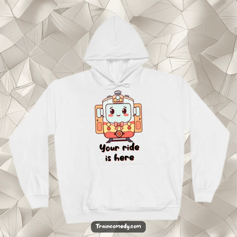 Funny Train Hoodie: A polite train character bows with open doors, offering a warm and funny welcome to all passengers.