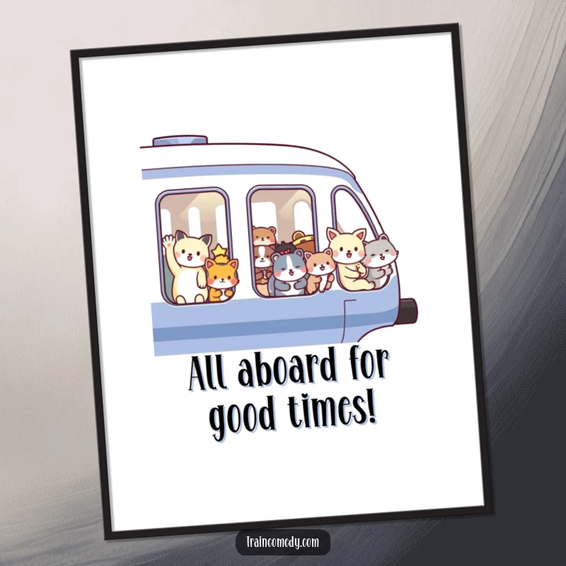 Funny Free Printable Wall Art depicting a train packed with happy, waving animal passengers speeding by, adding humor to any room.