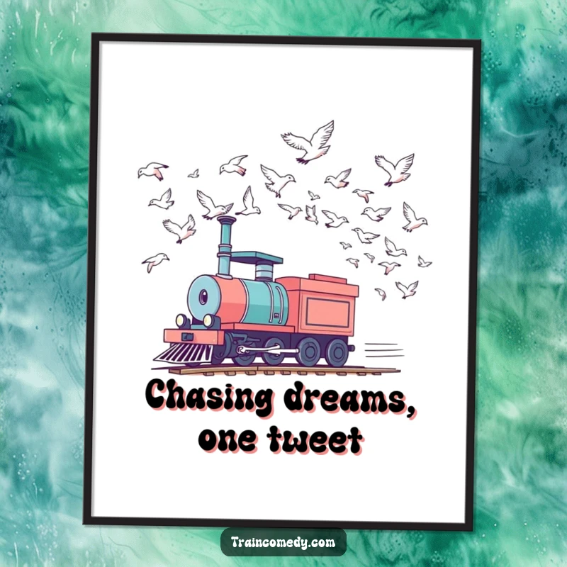 Funny Free Printable Wall Art: A train character playfully races a flock of birds across the sky, dynamic DIY art.