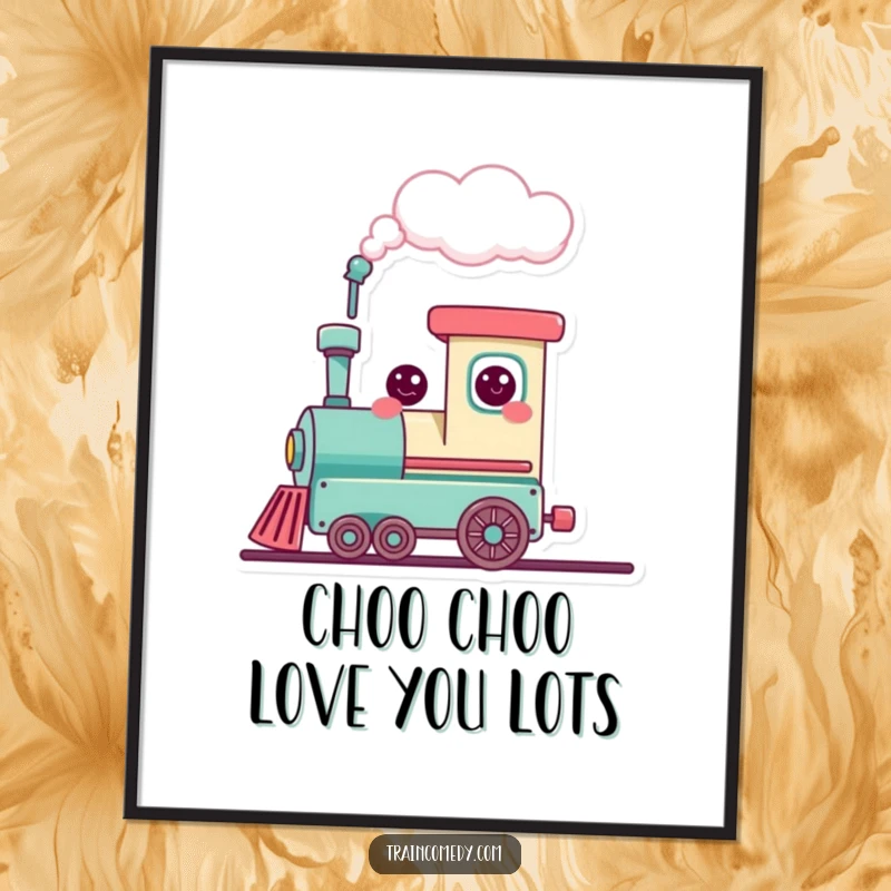 Funny Free Printable Wall Art: Cute smiling train character puffing a heart-shaped cloud, whimsical downloadable art.