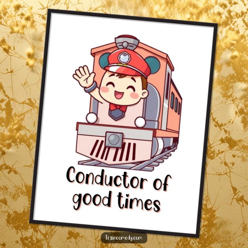 Funny Free Printable Wall Art: Cheerful train conductor waving from engine, inviting smiles and adding a playful vibe.