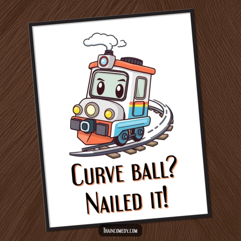 Funny Free Printable Wall Art: Kawaii train character with a determined look speeding fast around a bend.