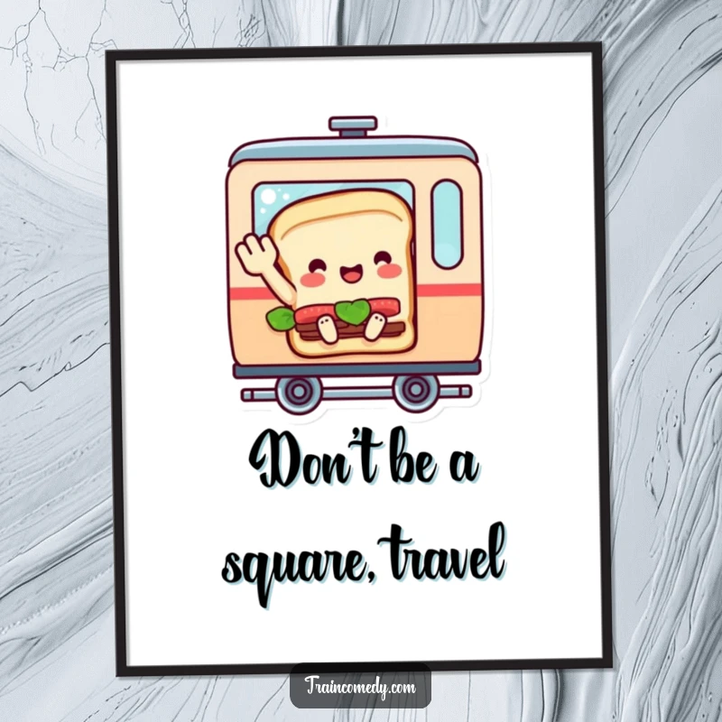Funny Free Printable Wall Art: A happy sandwich character waving from inside a train car, ready for a journey of decor.