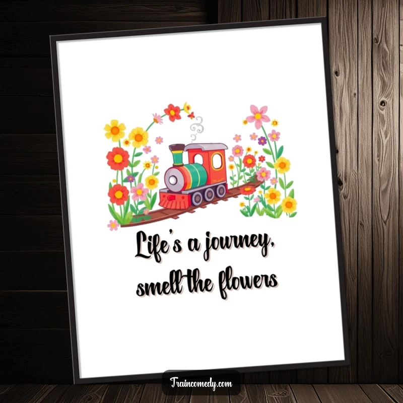 Funny Free Printable Wall Art: A train joyfully travels through a tunnel bursting with brightly colored flowers, adding cheer.
