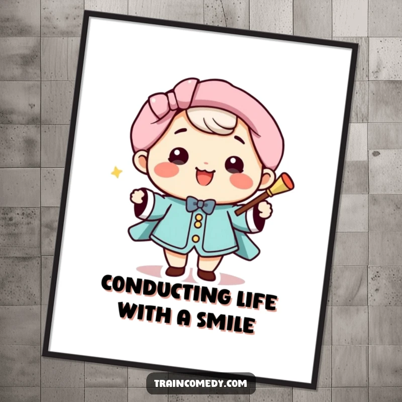 Funny Free Printable Wall Art: A beaming Kawaii conductor smiles brightly, energetically leading with a baton, adding fun to any room.