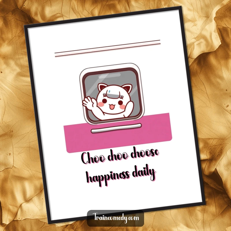 Funny Free Printable Wall Art: A delightful Kawaii character playfully waves from a train window, bringing joy to any room.