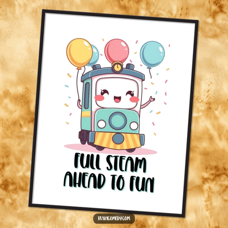 Funny Free Printable Wall Art: A cute kawaii train character celebrating with colorful confetti and balloons.