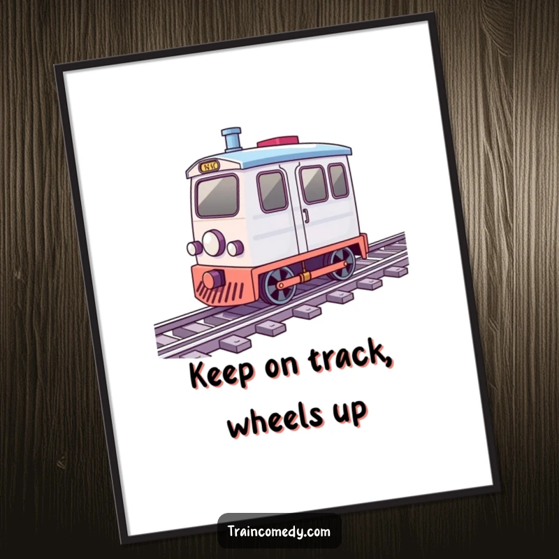 Funny Free Printable Train Wall Art: A little train with wheels spinning merrily races along vibrant tracks.