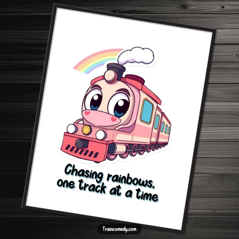 Funny Free Printable Wall Art: A train with big, curious eyes beholds a spectacular rainbow, bringing joy and wonder.