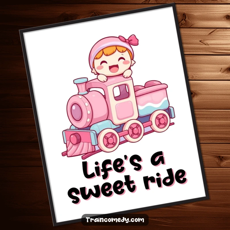 Funny Free Printable Wall Art: A character with a joyful expression balancing on the roof of a moving candy train car.