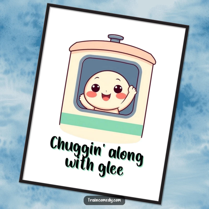 Funny Free Printable Wall Art: A cheerful, round character with a wide smile joyfully waves from the window of a stylized, colorful train.