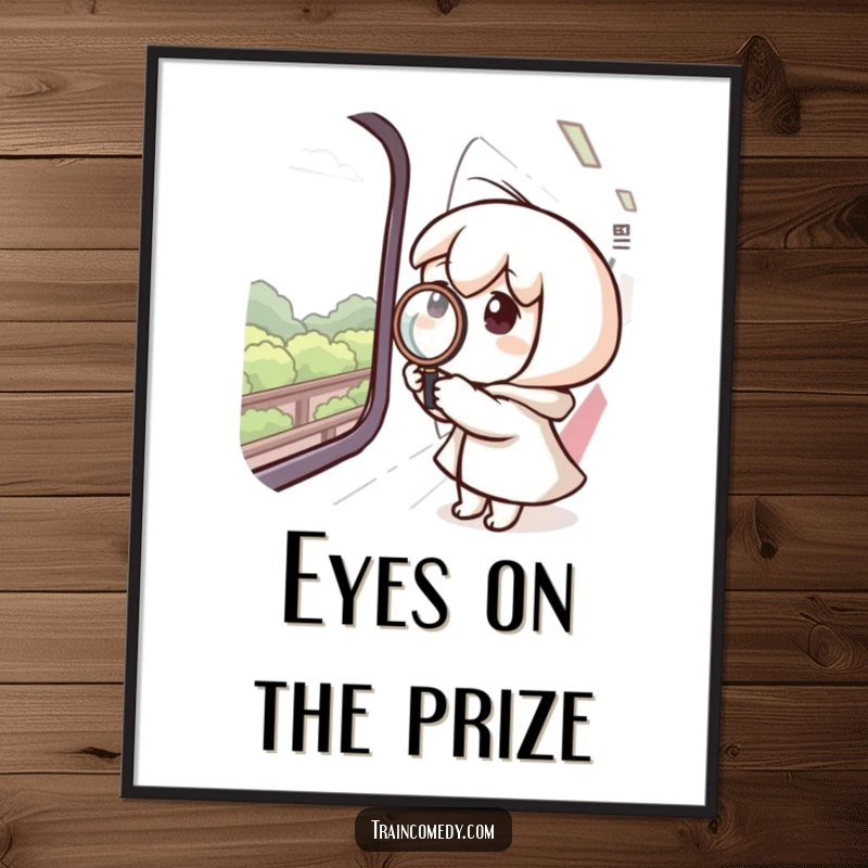 Funny Free Printable Wall Art: A curious character uses a magnifying glass against a train window to observe scenery.