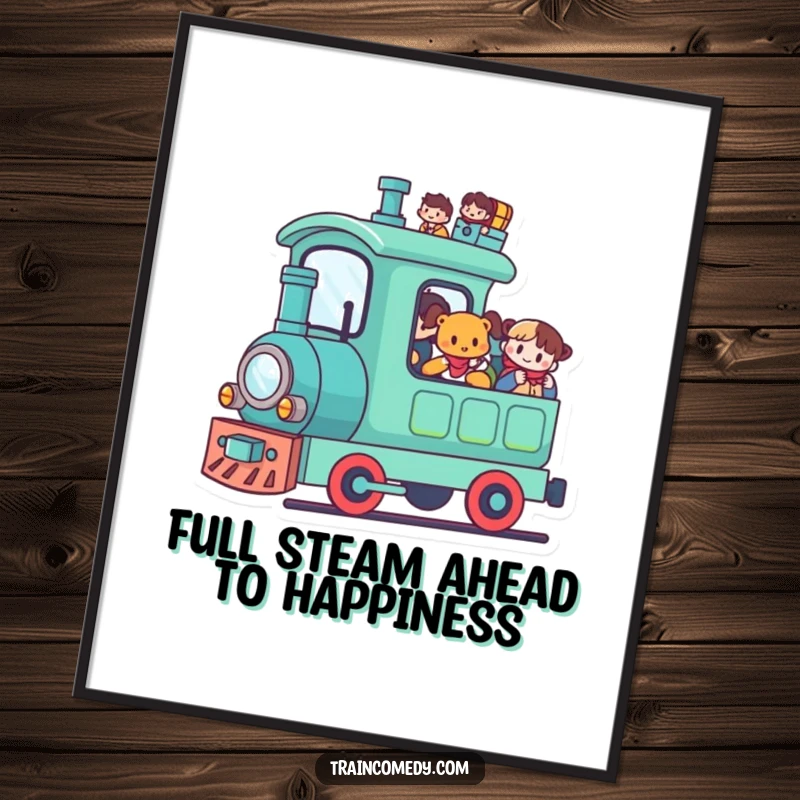 Funny Free Printable Wall Art: A cute kawaii train character packed with happy, smiling passengers on a joyful trip.