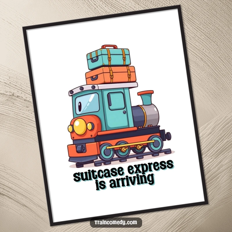 Funny Free Printable Wall Art: Playful train balancing a stack of tiny suitcases precariously on its roof, travel theme.