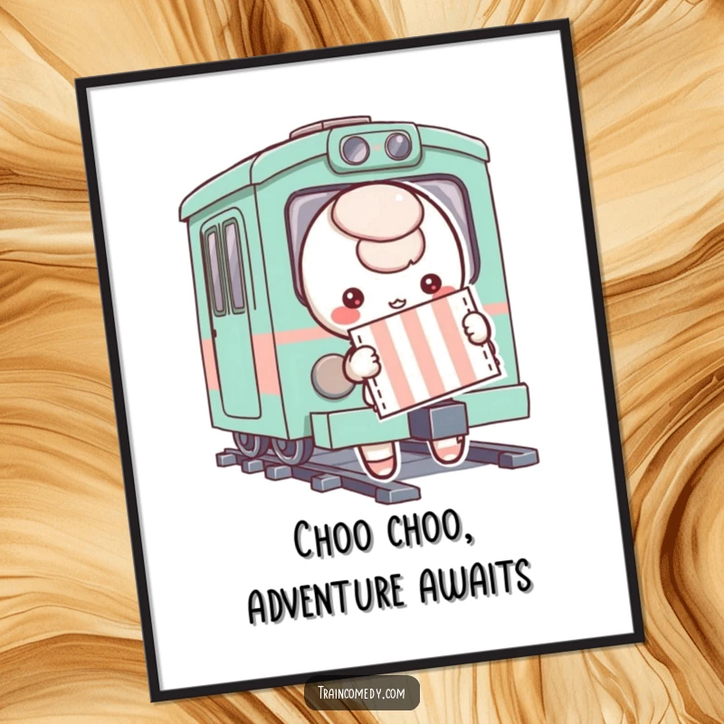 Funny Free Printable Wall Art: Playful character excitedly holding a striped ticket, ready to board a fantastical, whimsical train, ready for adventure.