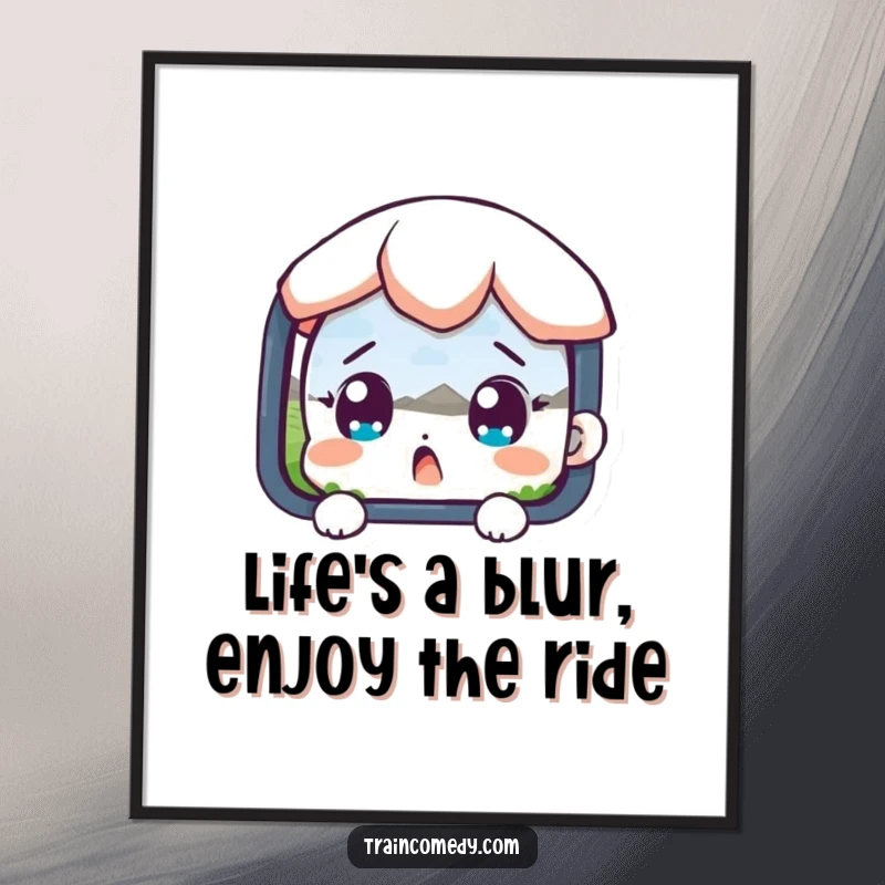 Funny Free Printable Wall Art of a character with wide eyes, looking out in awe at a passing, magical landscape.