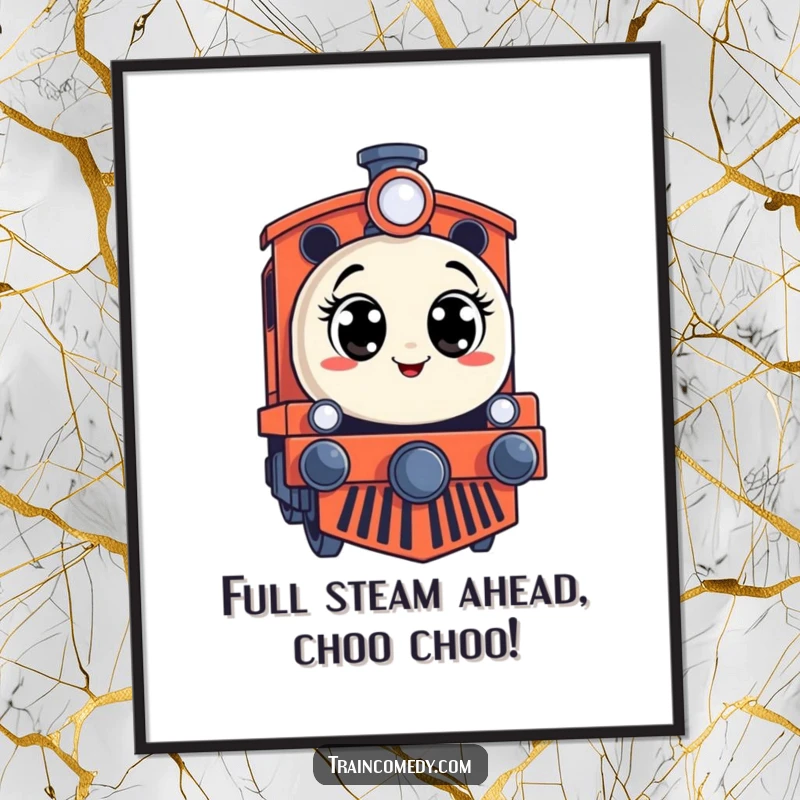Funny Free Printable Wall Art of a stylized train engine with wide, surprised eyes, bringing comical character and charm to any wall.