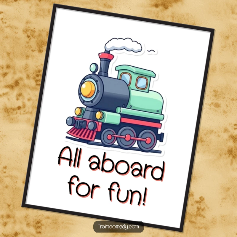 Funny free printable wall art of a cute train character tooting its whistle with a big, cheerful puff of steam, ready for adventure.
