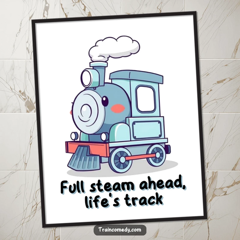 Funny Free Printable Wall Art of a happy train character with steam, excitedly chugging along, bringing joy to any room.