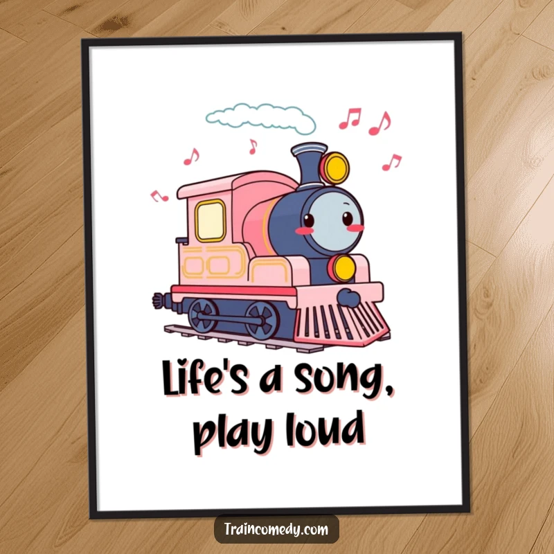 Funny Free Printable Wall Art: Train engine character happily tooting its whistle, surrounded by musical notes.