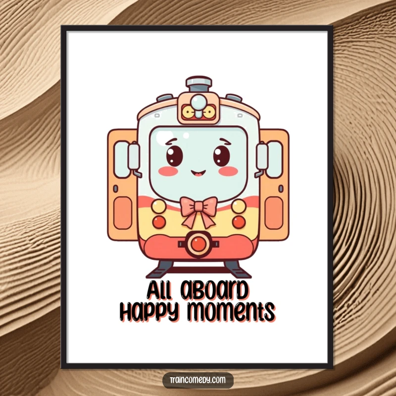 Funny Free Printable Wall Art of a train character with open doors, making a polite bow to welcome passengers.