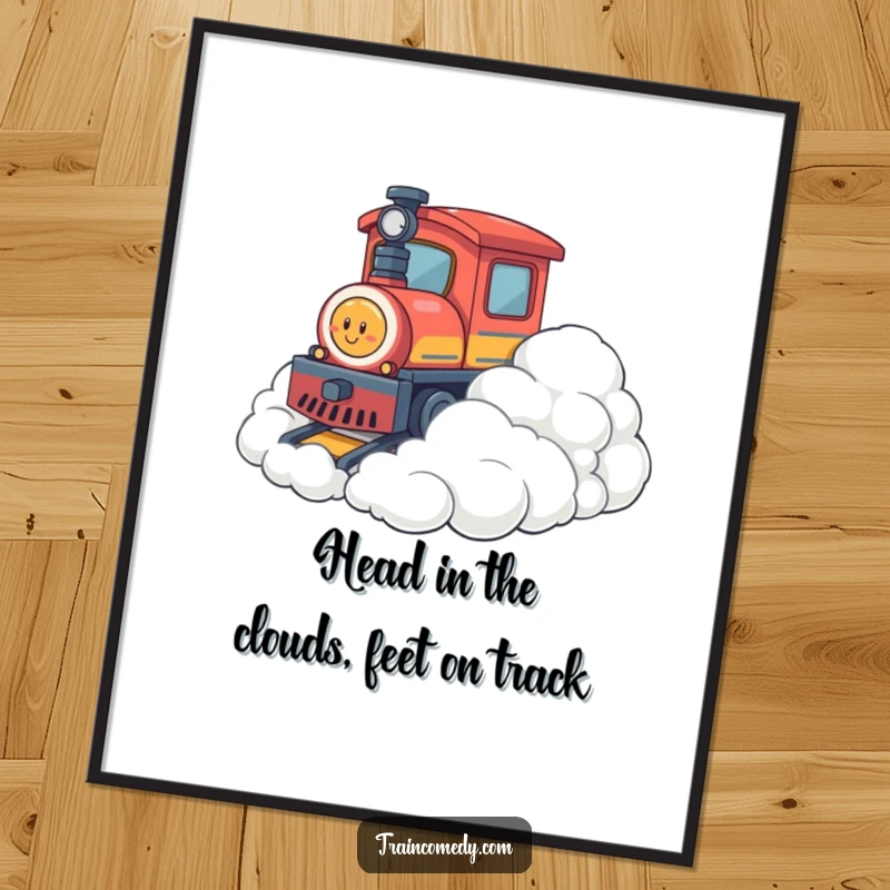 Funny Free Printable Wall Art: A train playfully collides with a pile of soft, fluffy clouds, creating a surreal scene.