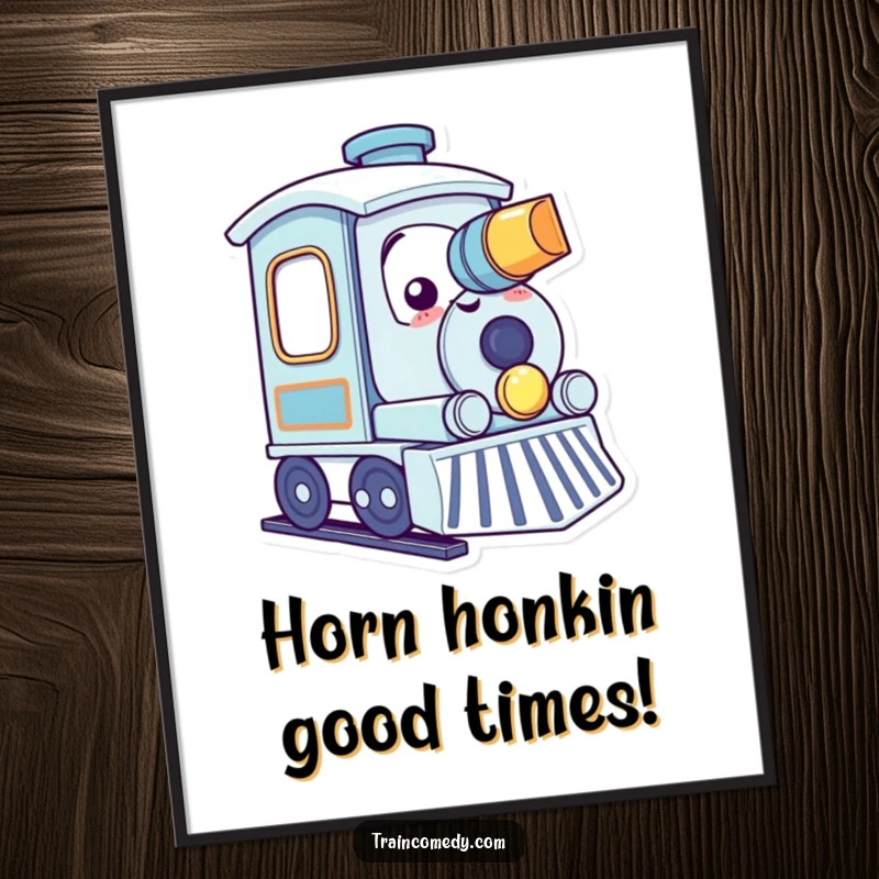 Funny Free Printable Wall Art: A cute kawaii train character gleefully tooting its horn with a wide smile.
