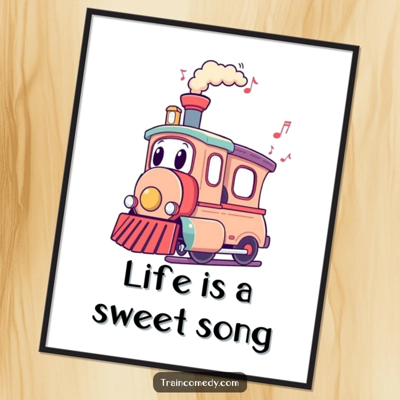 Funny Free Printable Wall Art of a train character with musical notes gracefully flowing from its chimney.