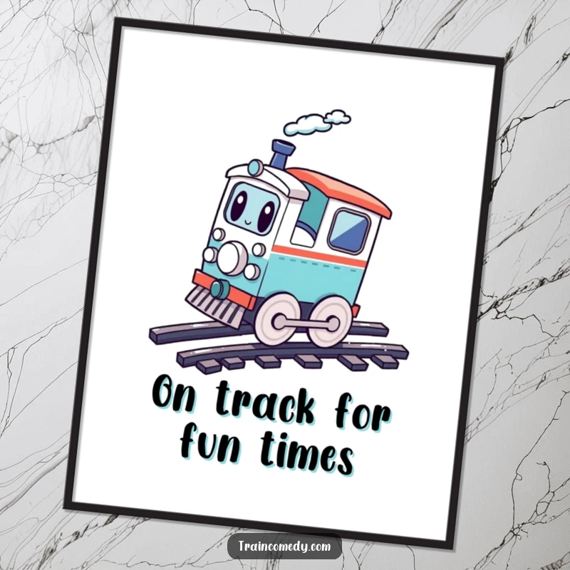 Funny Free Printable Wall Art: Playful train character doing a cartwheel on its tracks, energetic downloadable art.