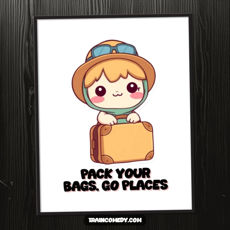 Funny Free Printable Wall Art: A happy Kawaii character stands with a large packed suitcase, looking excited for adventure.
