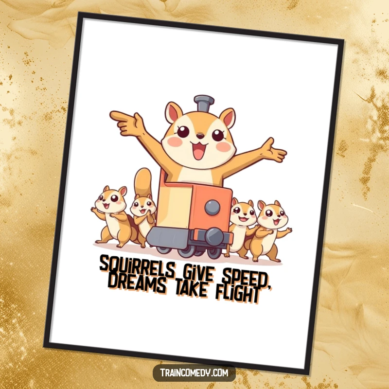 Funny Free Printable Wall Art: A train with arms outstretched is comically pulled through the sky by a team of flying squirrels.