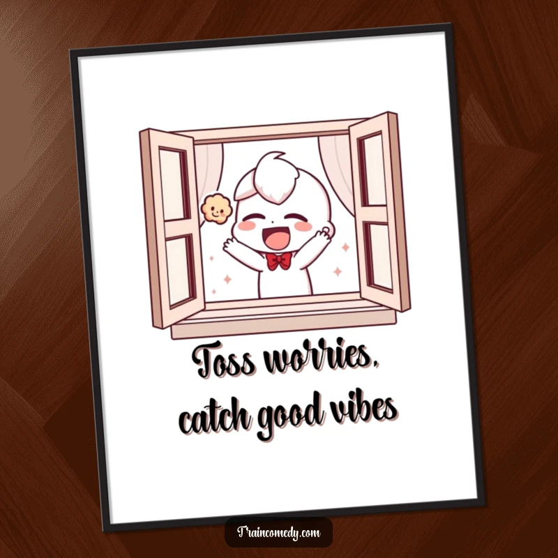 Funny Free Printable Wall Art of a giggling character playfully tossing a small plush toy out a window, spreading cheer.