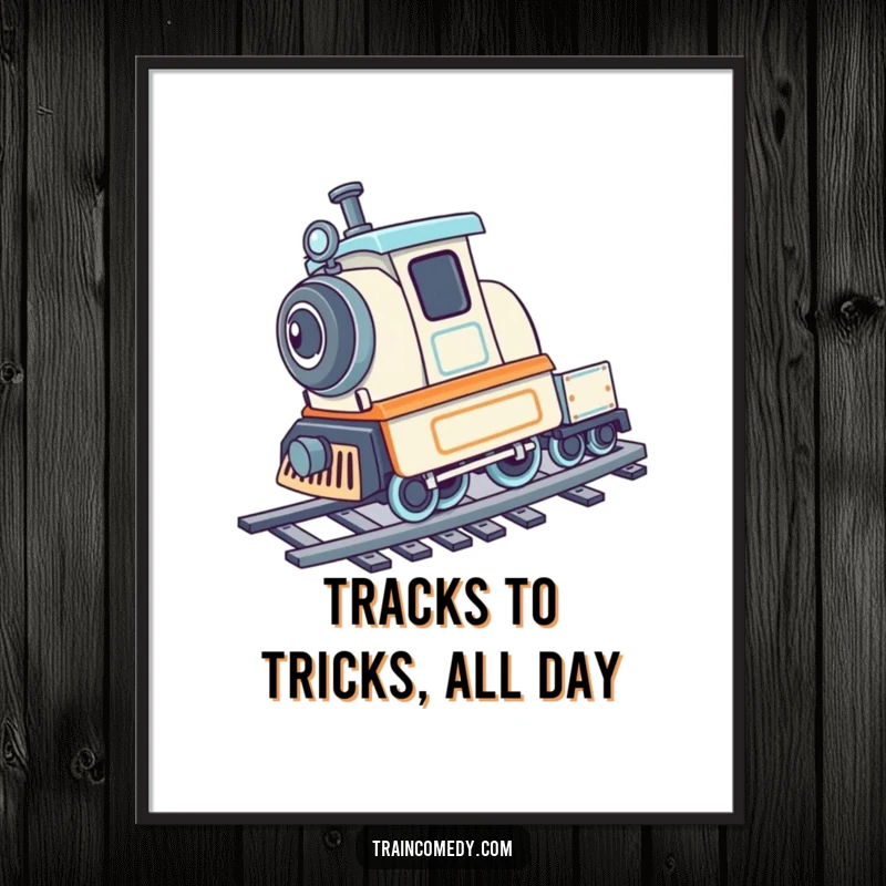 Funny Free Printable Wall Art: A playful train performs a cartwheel on its tracks, adding energetic decor.