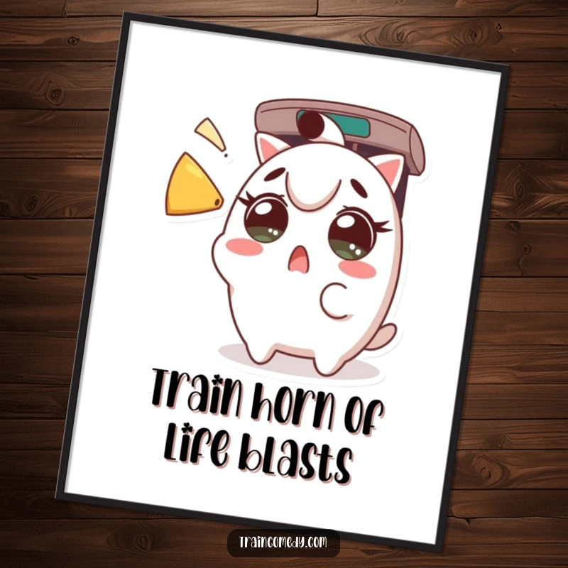 Funny Free Printable Wall Art: A Kawaii character's eyes widen in shock as a train horn blows, creating a humorous scene.