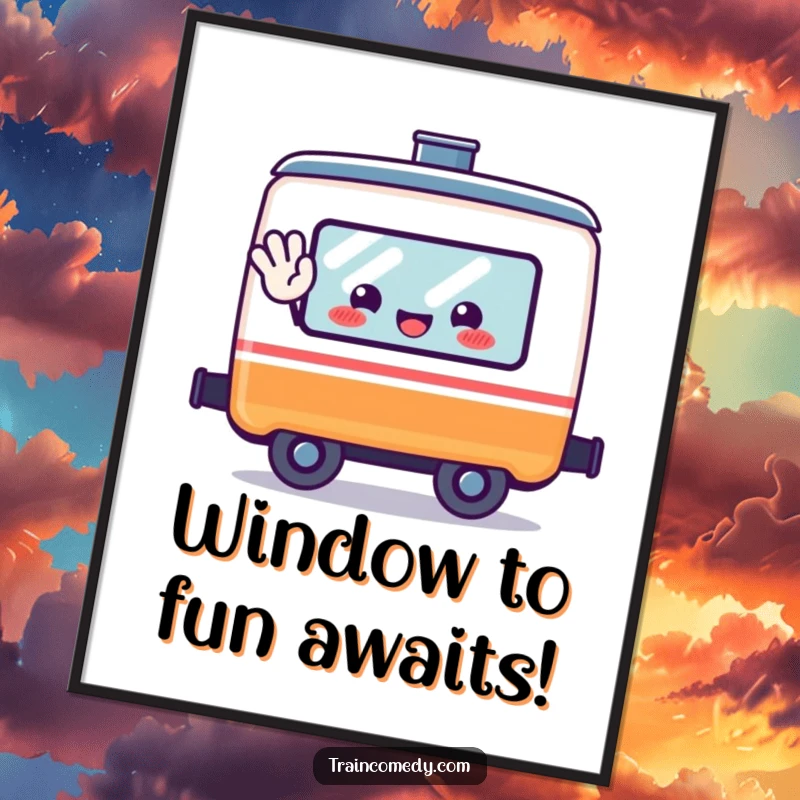 Funny Free Printable Wall Art: A happy kawaii train car character waves enthusiastically from its window.