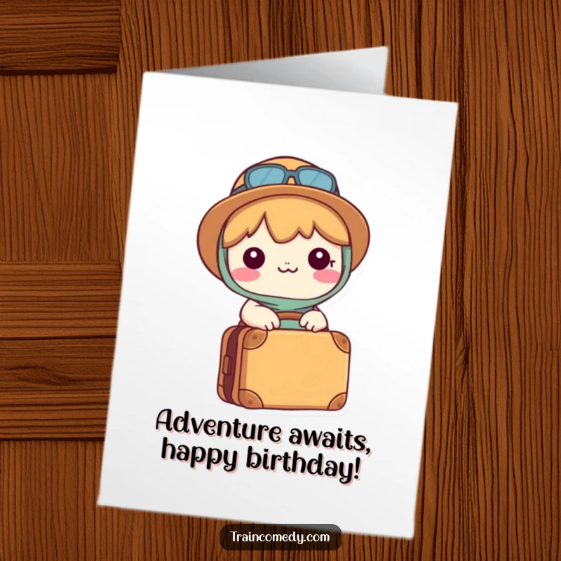 Funny Free Printable Birthday Card: A happy Kawaii character holds a packed suitcase, eager for birthday adventures.