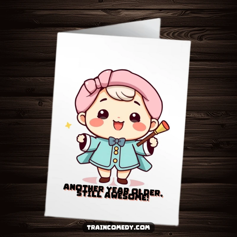Funny Free Printable Birthday Card: A beaming Kawaii conductor energetically leads with a baton, celebrating a special day.