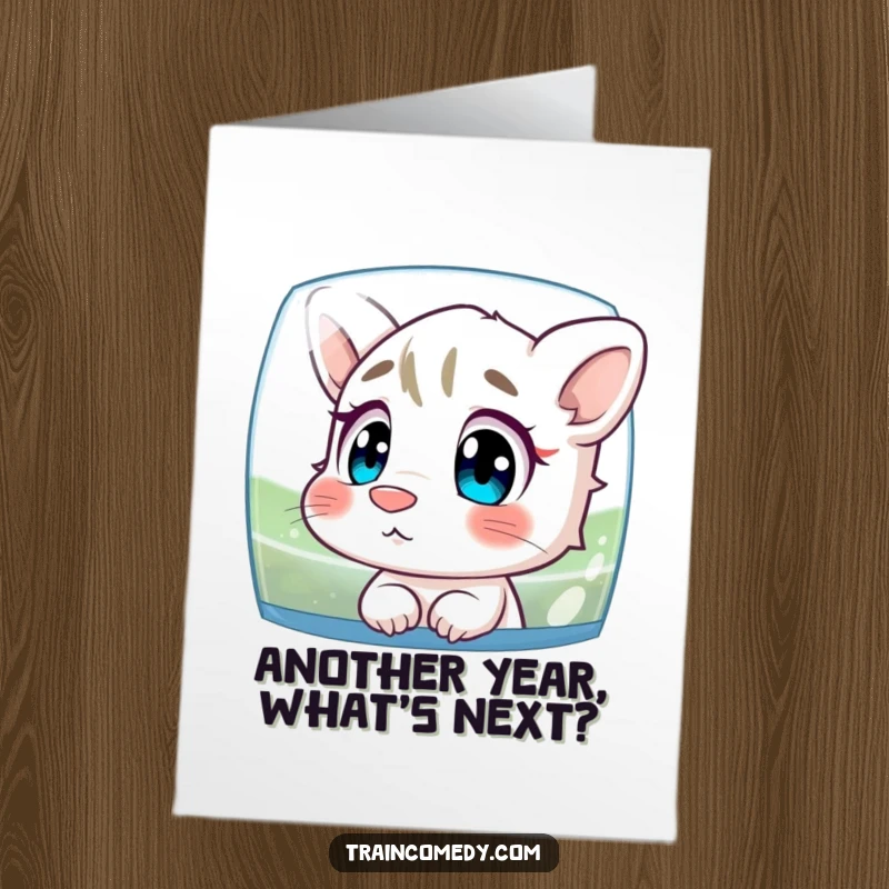 Funny Free Printable Birthday Card: Curious cartoon character with nose pressed against glass, watching scenery, celebrating birthdays.