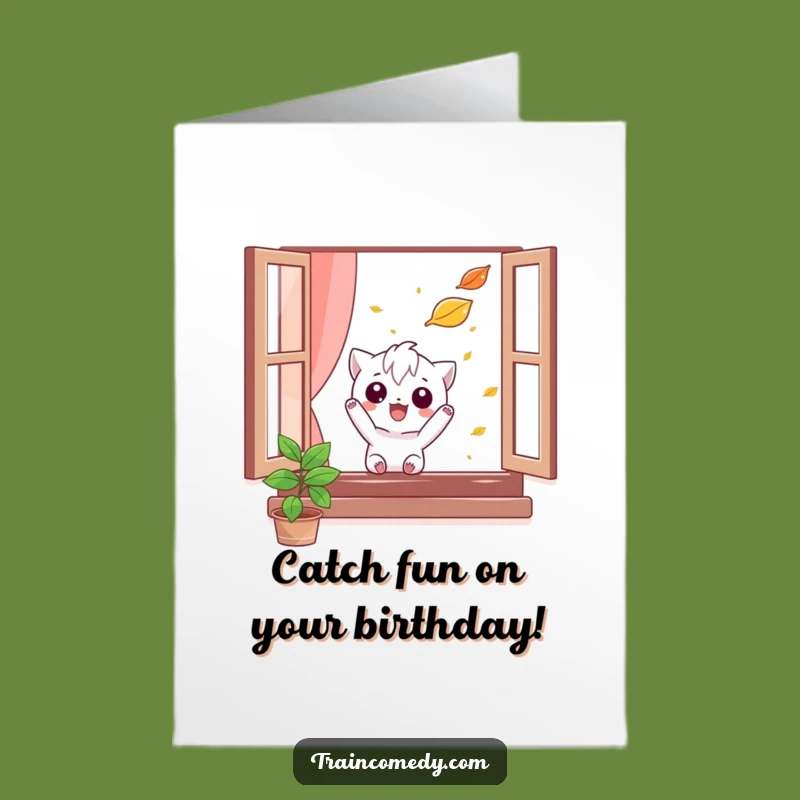 Free Printable Birthday Card: Mischievous Character Catching Leaf, Downloadable Gift