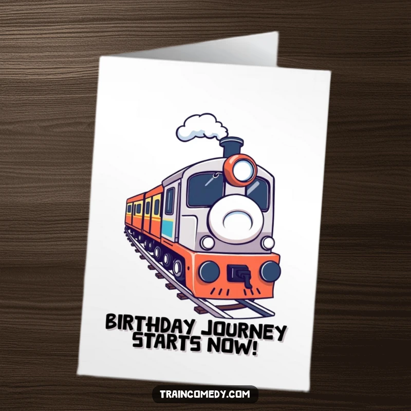 Funny Free Printable Birthday Card: A train character with a determined face navigates a sharp curve on the tracks, symbolizing overcoming challenges.