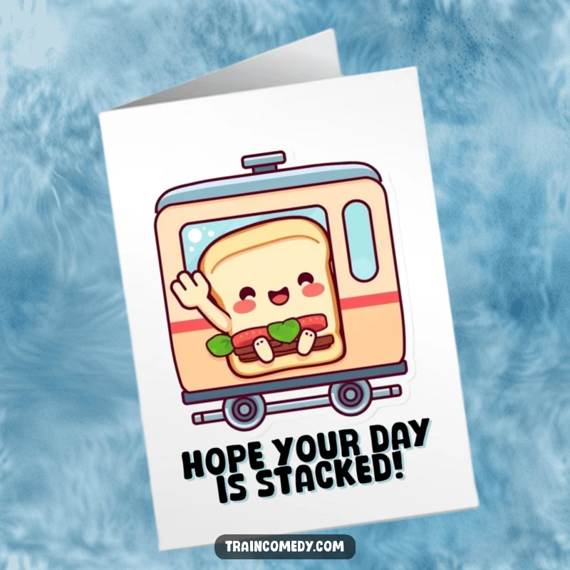 Funny Free Printable Birthday Card: A smiling sandwich character in a train car cheerfully waving goodbye, wishing a happy birthday adventure.