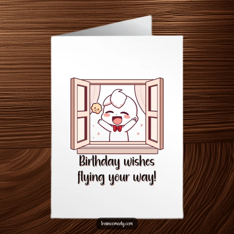 Funny Free Printable Birthday Card: a giggling character playfully tosses a small plush toy out a window on their birthday.