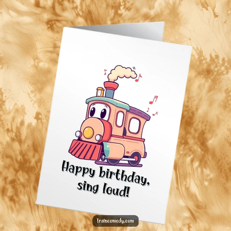 Funny Free Printable Birthday Card showing a train character whose chimney emits flowing musical notes.