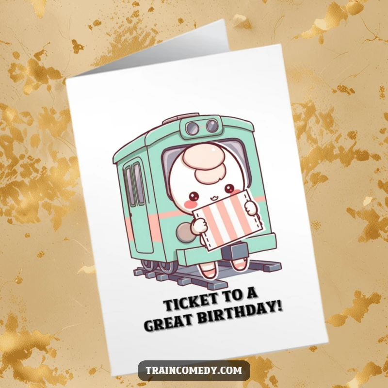 Funny Free Printable Birthday Card: Playful character excitedly holds a striped ticket, ready to board a whimsical train for a birthday adventure.