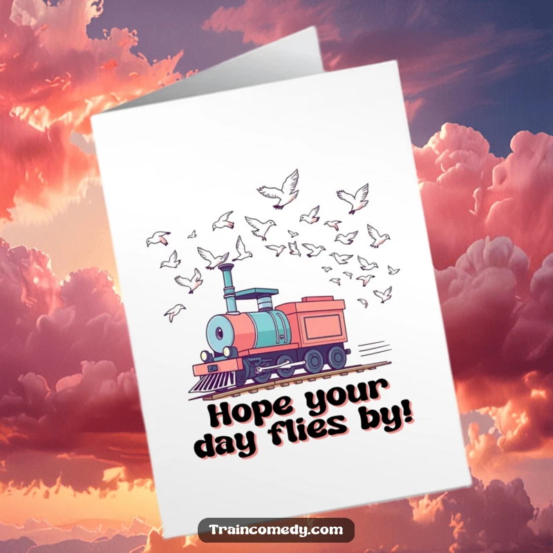 Funny Free Printable Birthday Card: Train character playfully races a flock of birds in the sky, a humorous DIY gift.