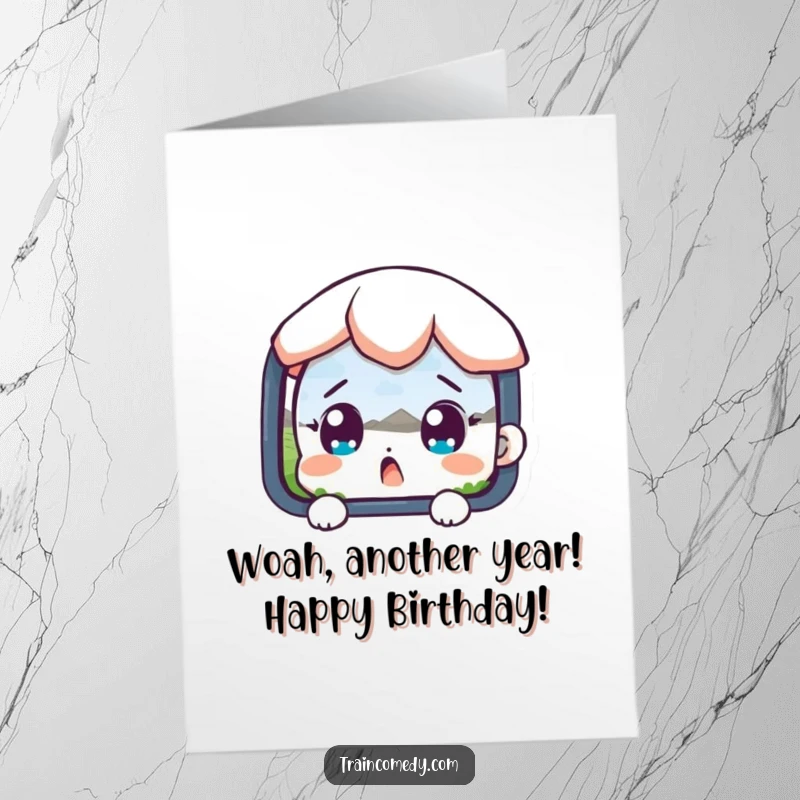 Funny Free Printable Birthday Card: a surprised character with wide eyes, looking out at a fantastical passing landscape.