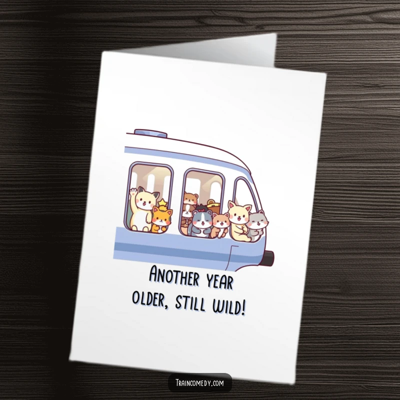 Funny Free Printable Birthday Card featuring cheerful animals waving from train windows, celebrating a joyous occasion with speed and smiles.