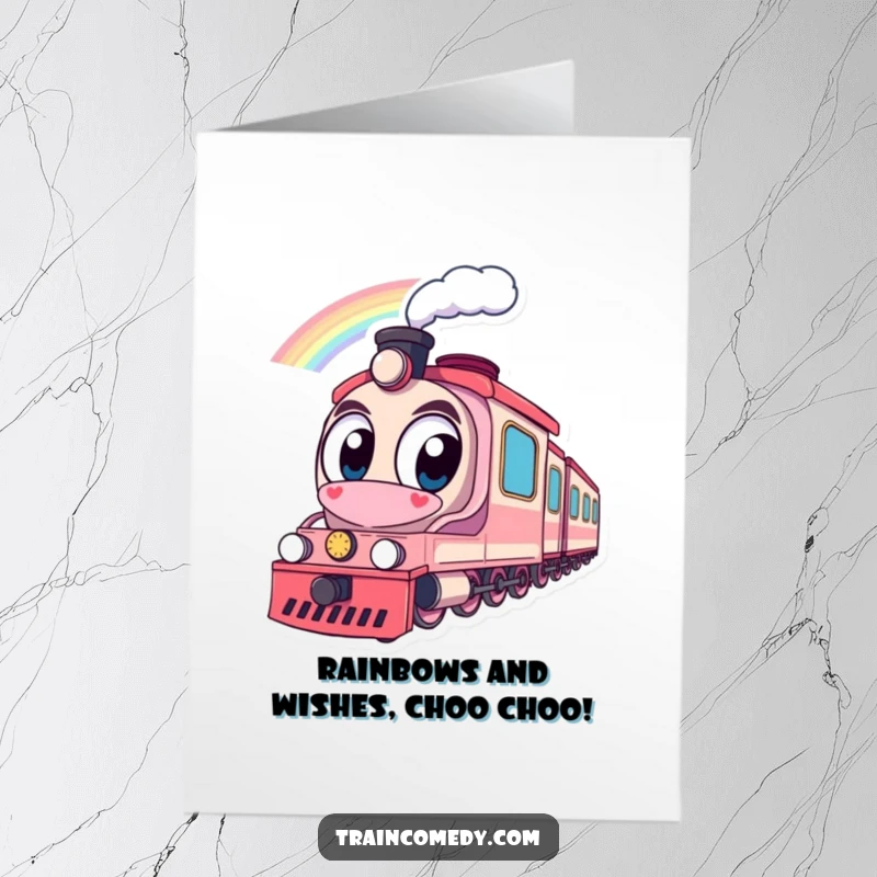 Funny Free Printable Birthday Card: A train with huge eyes gazes at a vibrant rainbow, symbolizing hopeful wishes.