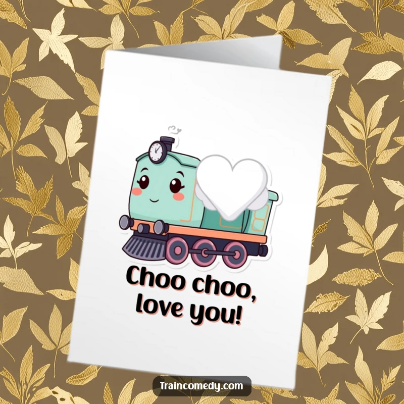 Funny Free Printable Birthday Card: A cute train smiling sweetly puffs a heart-shaped cloud, celebrating birthday love.