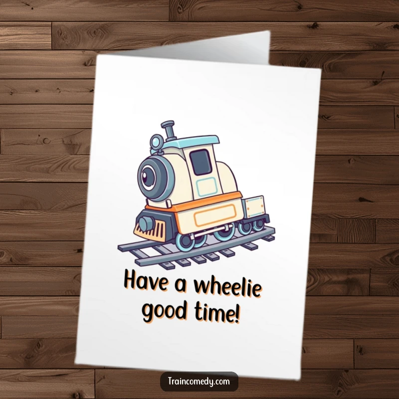 Funny Free Printable Birthday Card: A playful train does a cartwheel on tracks, celebrating birthday excitement.